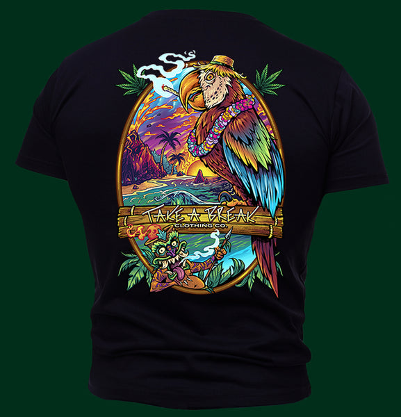 Cannabis smoking parrot graphic design on men's short sleeve t-shirt.